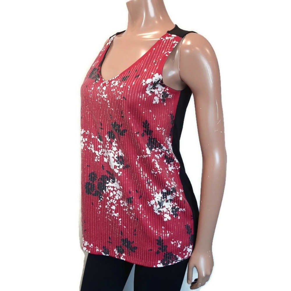 RICKIS Floral Sequin Vneck Sleeveless Tunic Top Womens Size Small Red Black Tank